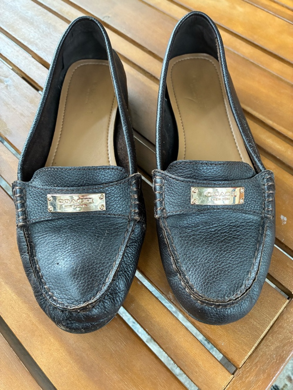 COACH Dark Brown Pebbled Leather Loafers with Gold Plaques